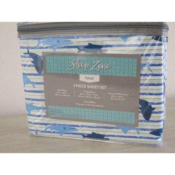 Sleep Zone Ocean Life SHARKS Blue White Striped 3 Pc Twin Sheet Set NEW $68 - Picture 2 of 4